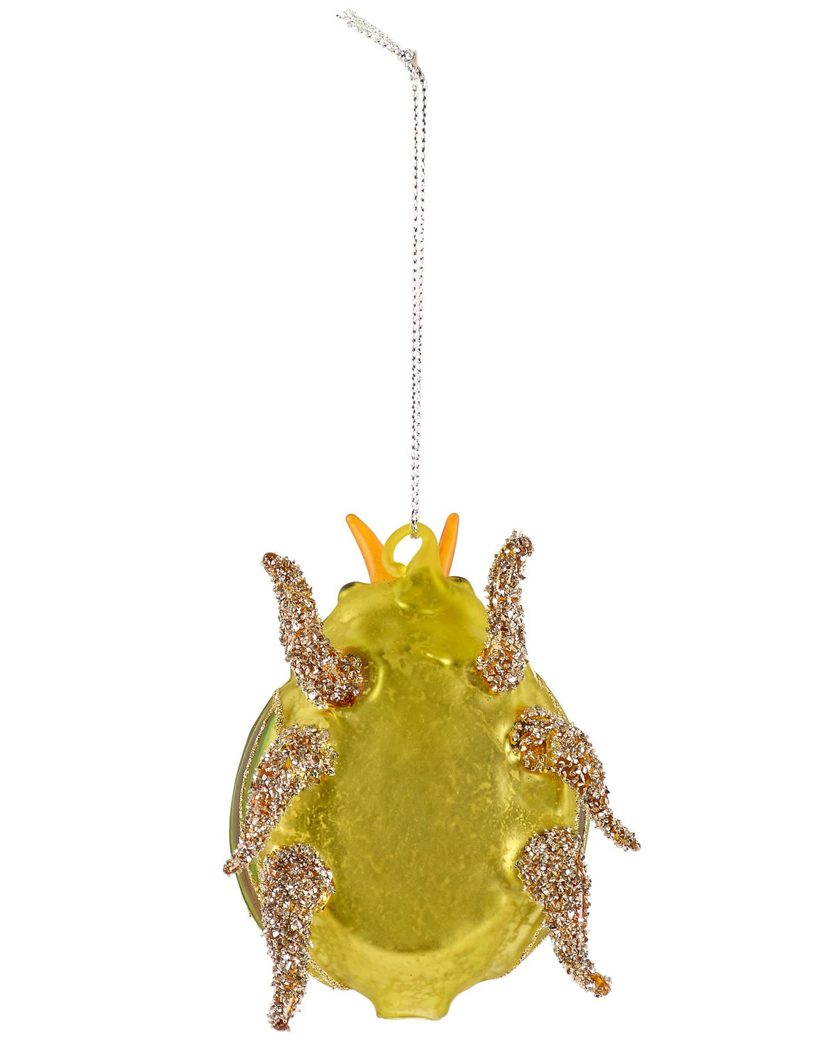 Decorative yellow insect ornament with gold accents on a white background