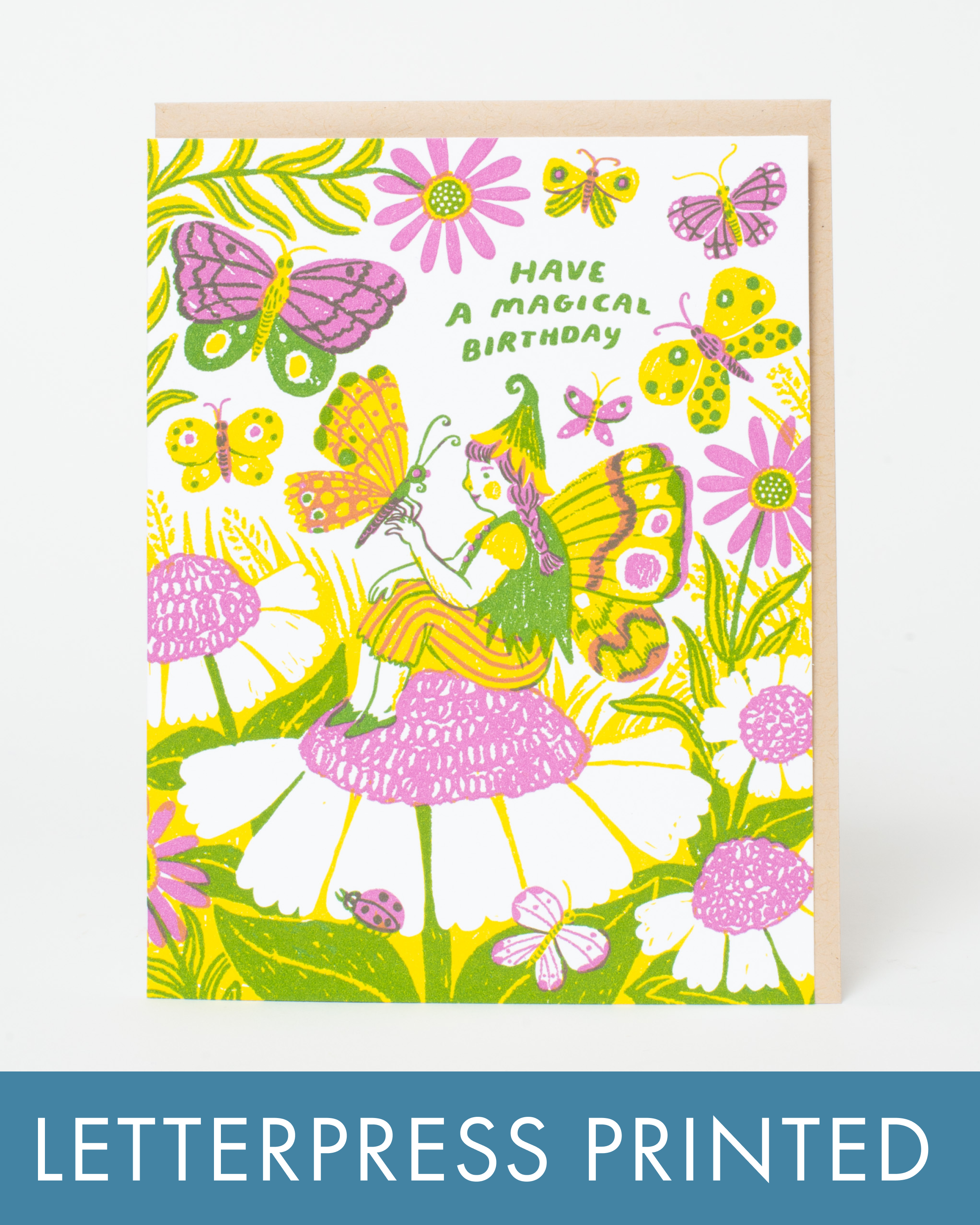 Colorful greeting card with fairy and butterflies design, labeled 'Letterpress Printed'.