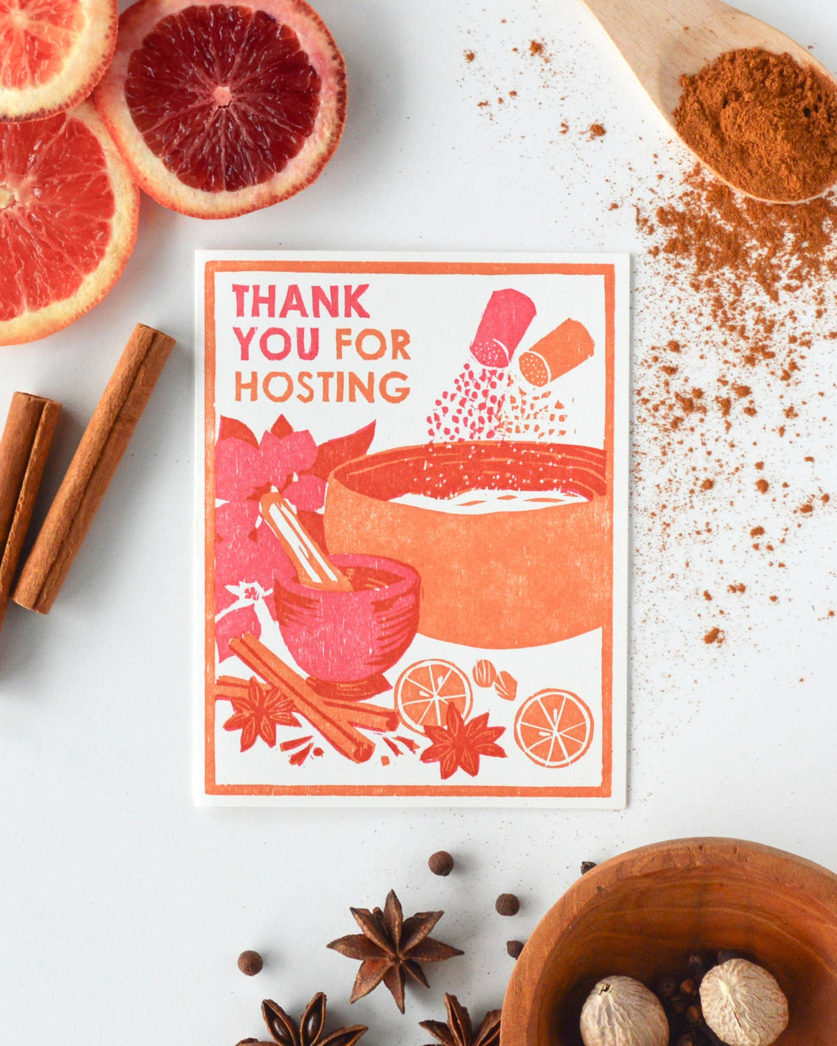 Greeting card with 'Thank you for hosting' text surrounded by spices and fruits on a white background