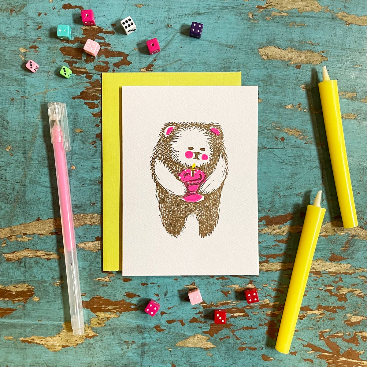 Bear with Cake letterpress linocut card