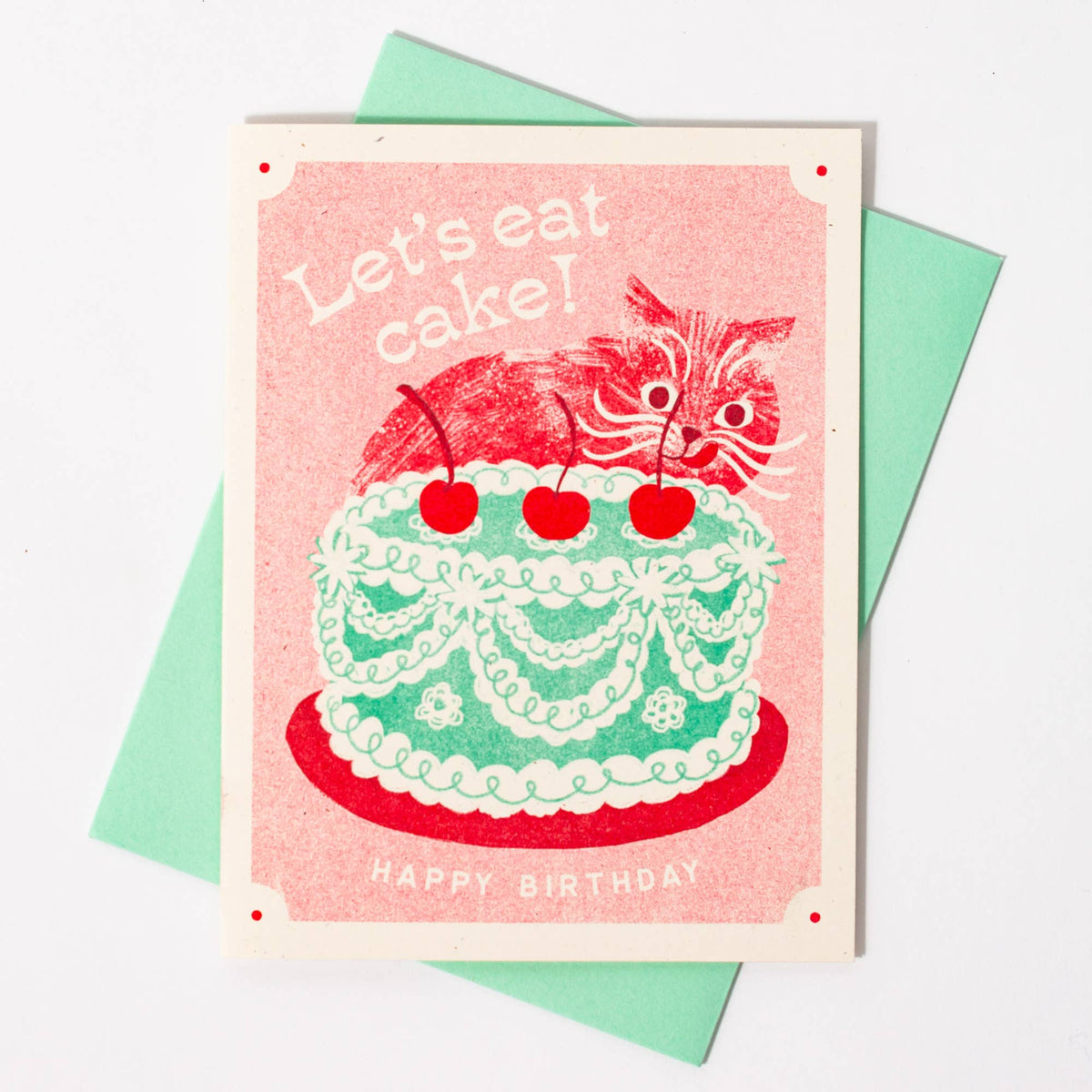 Let's Eat Cake Cat - Risograph Birthday Card