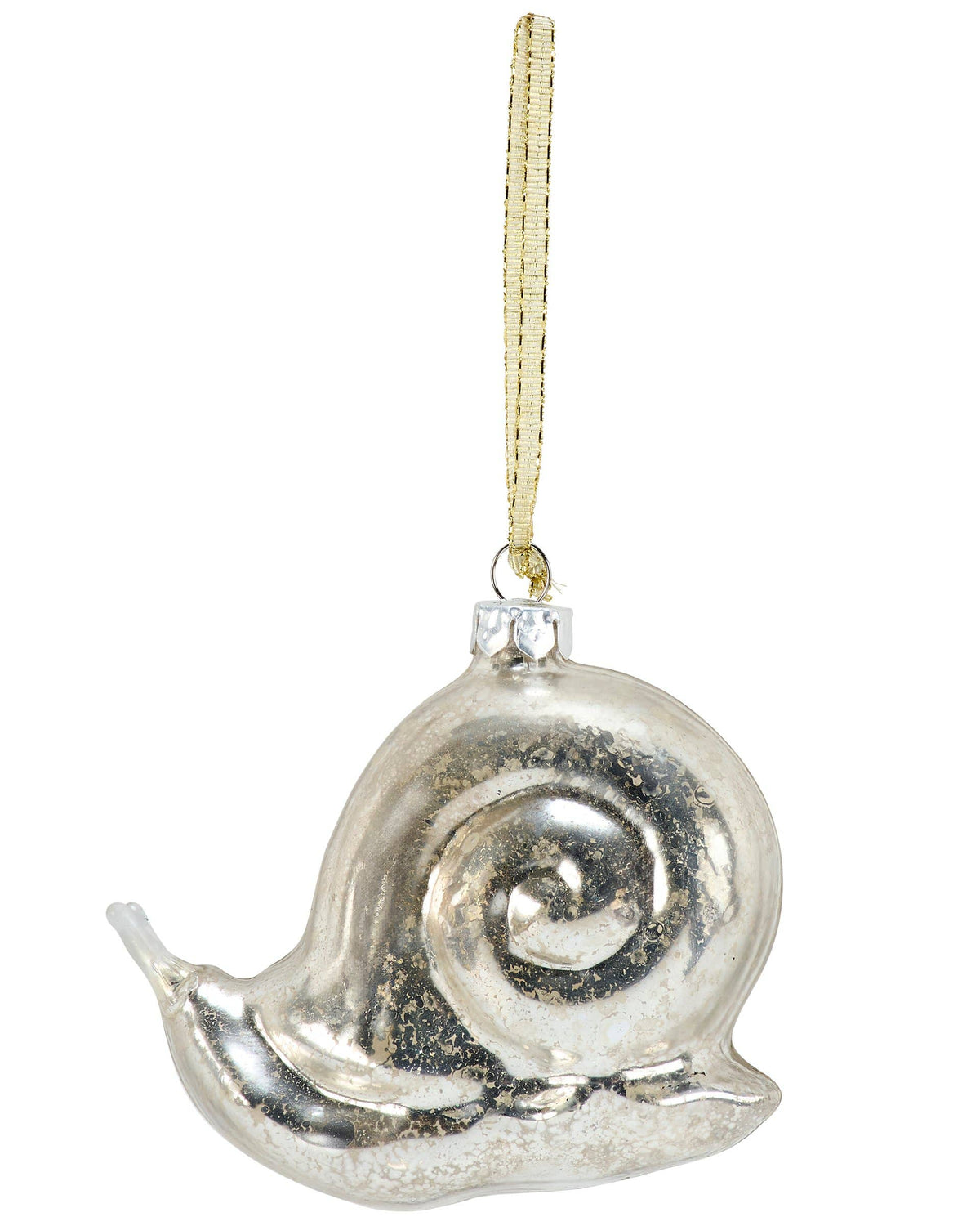 Silver snail ornament with a gold hanger in a white background
