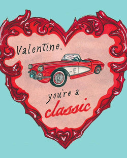 Valentine's Day card with a red heart, classic car illustration, and text on a light blue background.