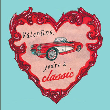 Valentine's Day card with a red heart, classic car illustration, and text on a light blue background.