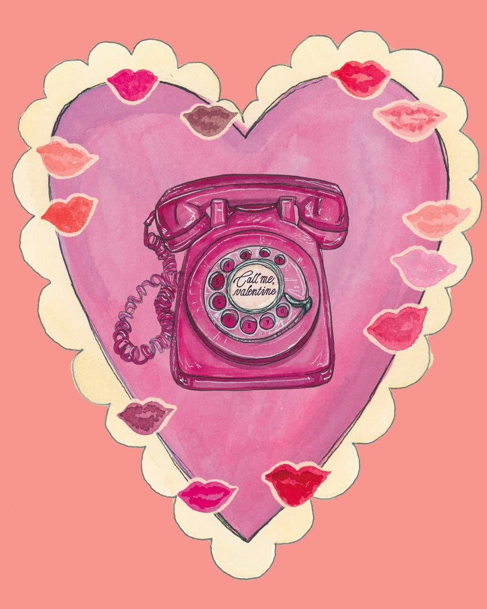 Pink rotary phone illustration on a heart-shaped background with pink lips.