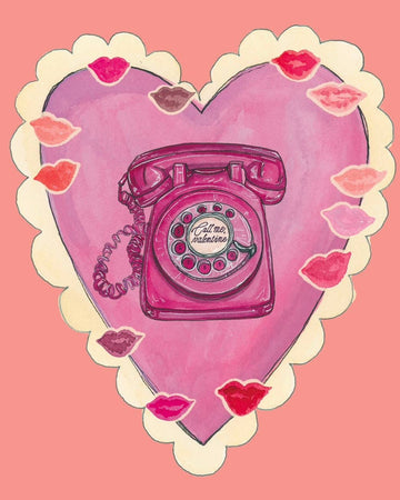Pink rotary phone illustration on a heart-shaped background with pink lips.