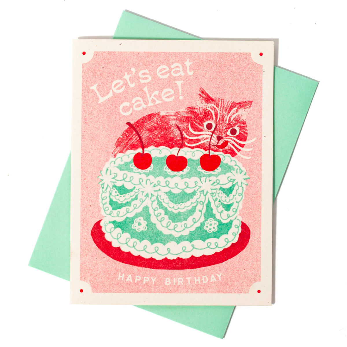 Let's Eat Cake Cat - Risograph Birthday Card