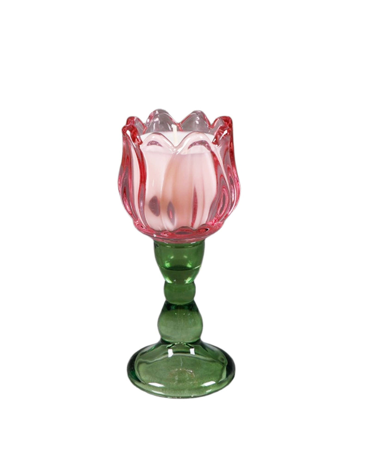 Glass tulip-shaped candle holder with pink top and green base on a white background