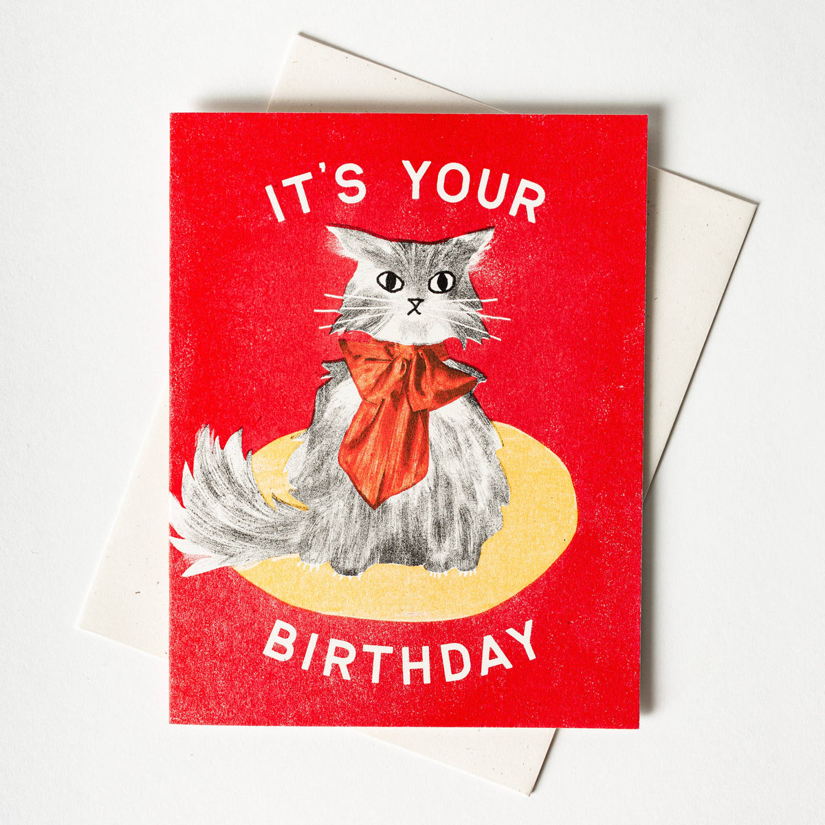 It's Your Birthday Bow Cat - Risograph Card