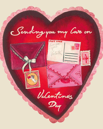 Heart-shaped card with Valentine's Day elements on a beige background