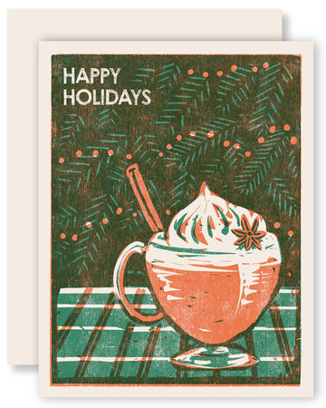 Greeting card with an egg nog illustration and 'Happy Holidays' text on a green background.