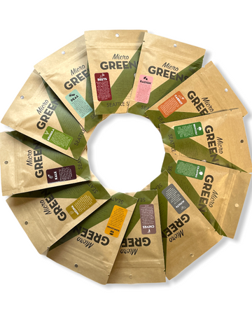 Circular arrangement of 'Micro Green' packaging on a white background