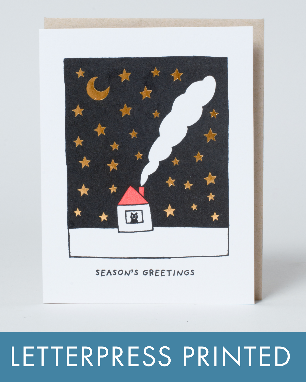 Greeting card with house, moon, and stars illustration on a white background
