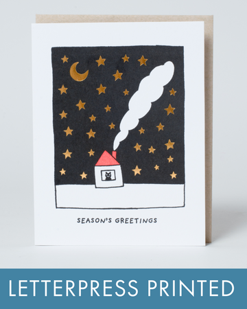 Greeting card with house, moon, and stars illustration on a white background