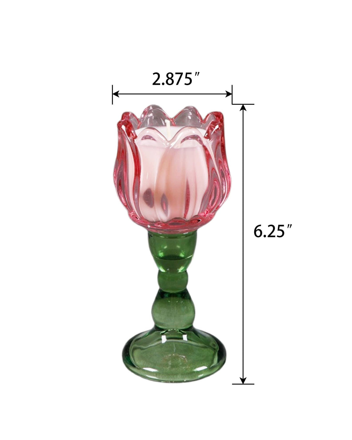 Glass tulip-shaped candle holder with measurements on a white background