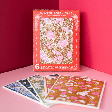 Box of 'Winter Botanicals' greeting cards with floral designs on a pink surface and background.
