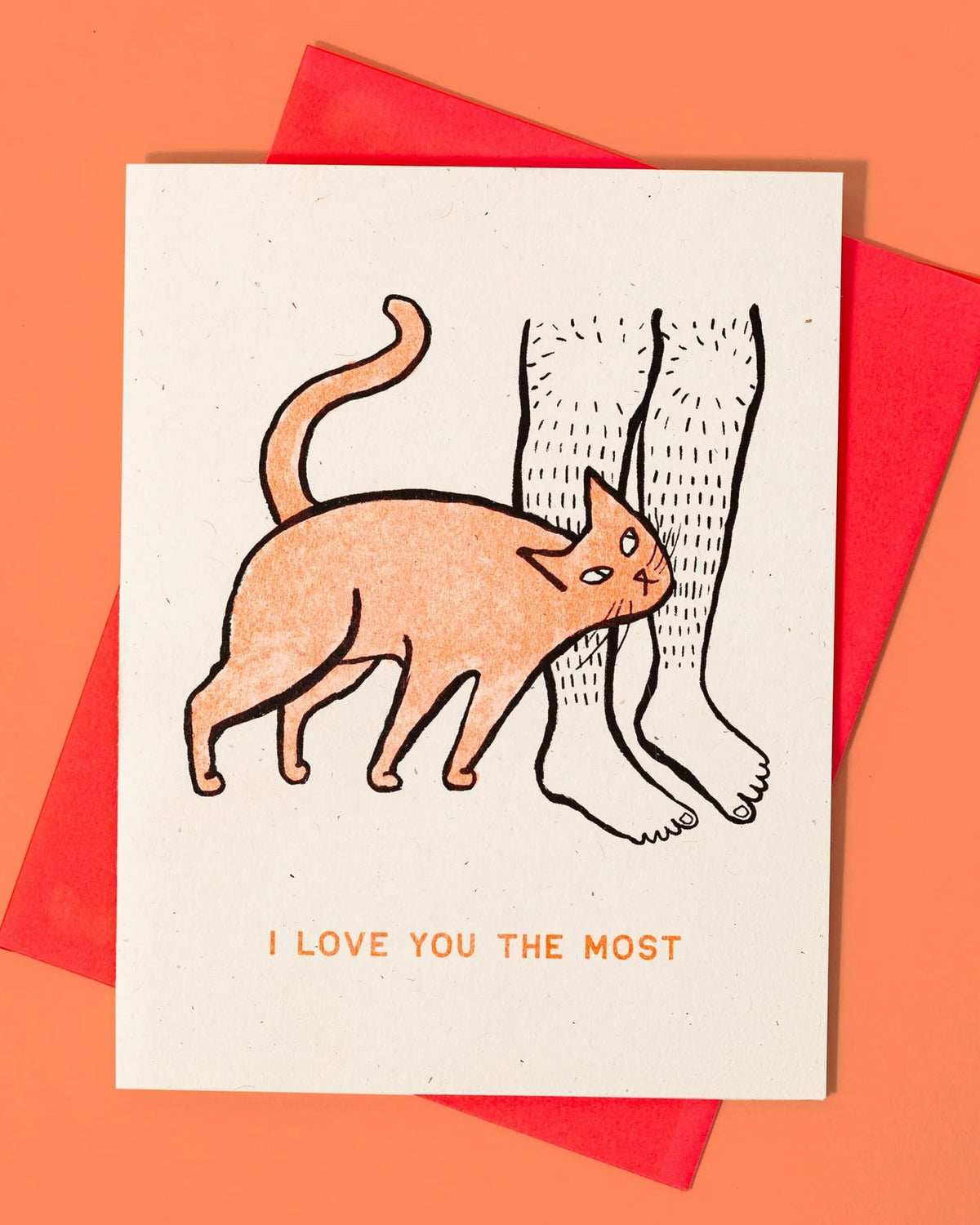 Card with a cat illustration and 'I love you the most' text on an orange background