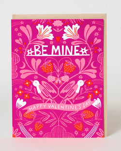 Valentine's Day card with 'Be Mine' and floral design on a pink background