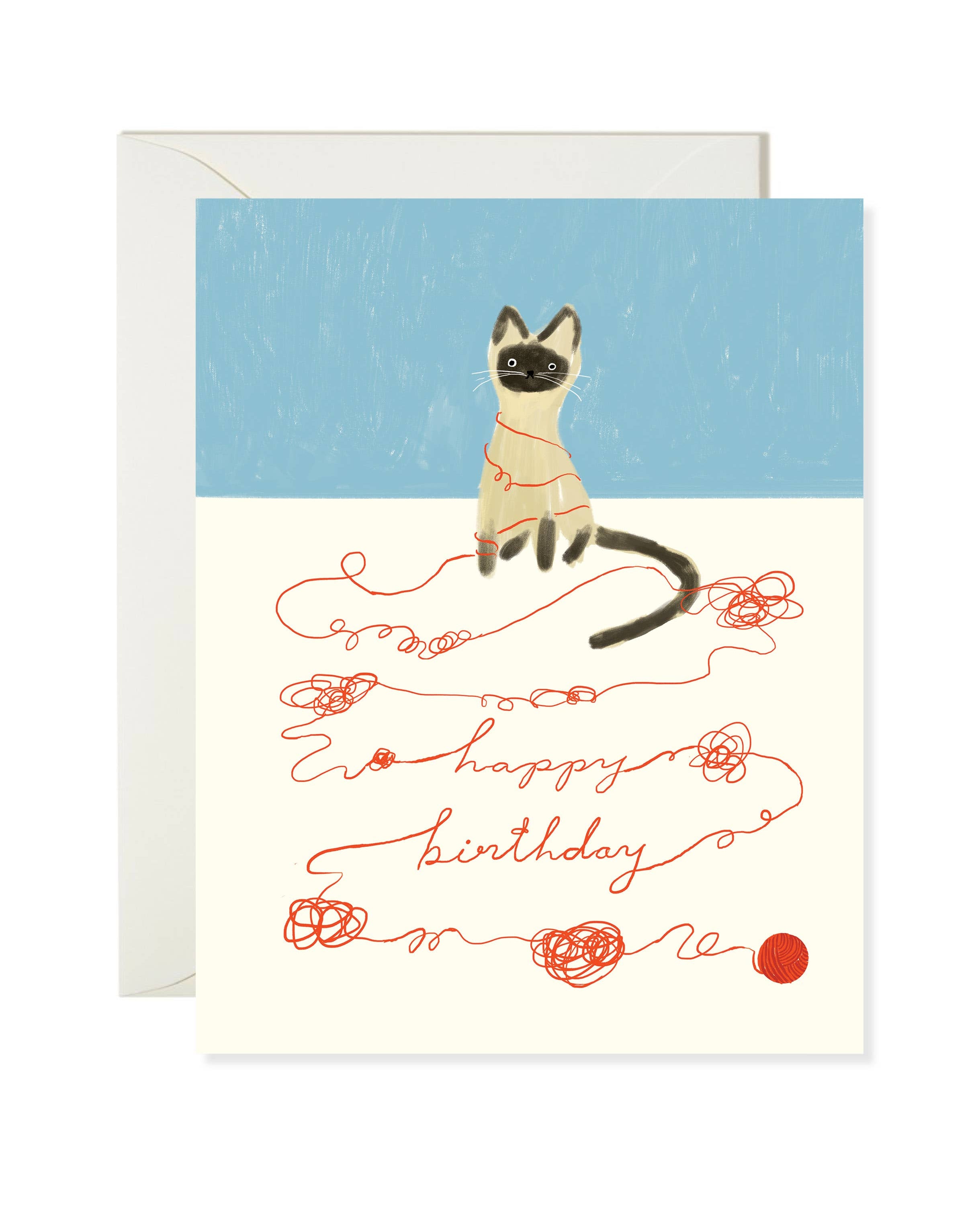 Greeting card with a cat illustration and 'Happy Birthday' text on a blue and white background