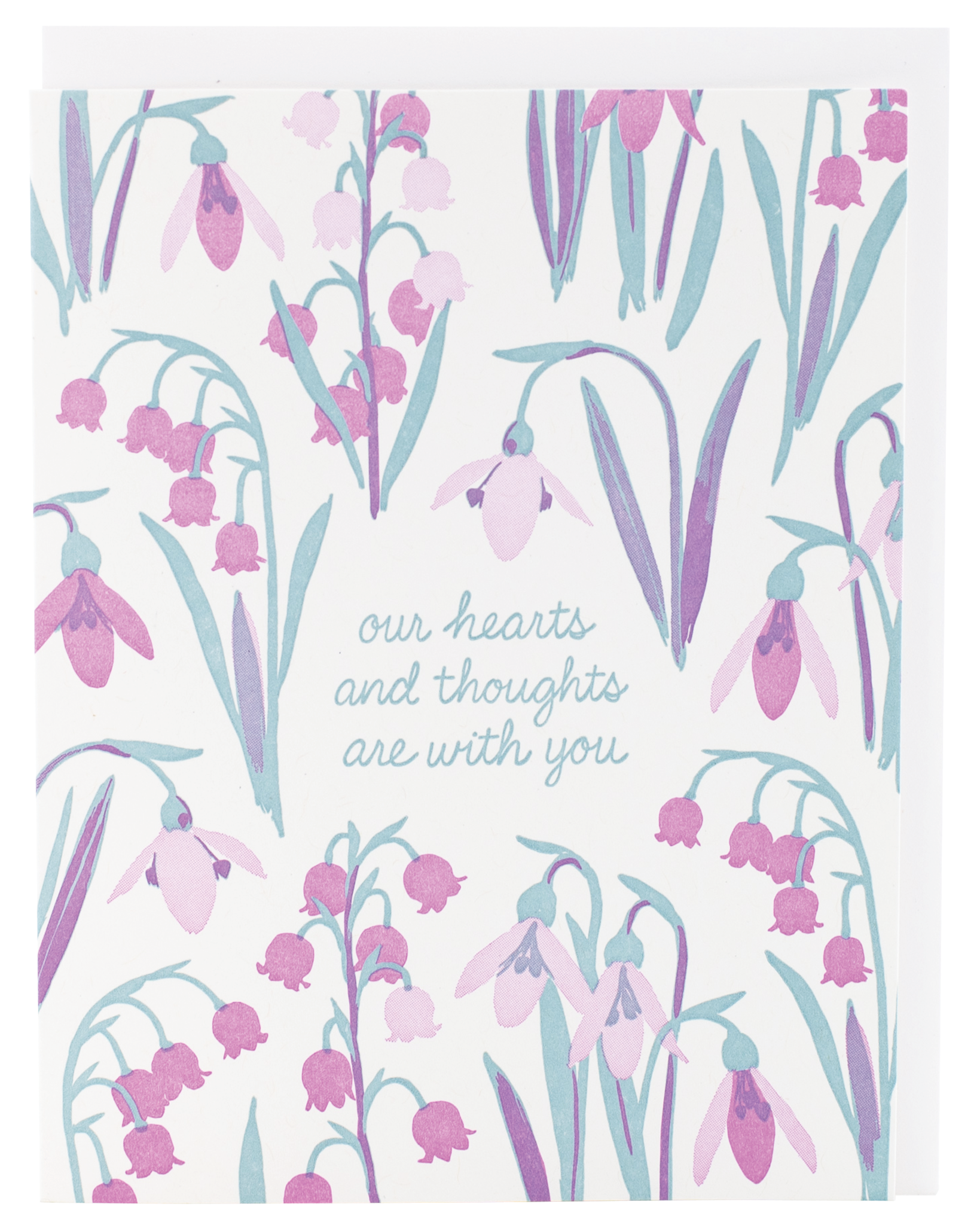Floral patterned card with 'our hearts and thoughts are with you' text on a white background