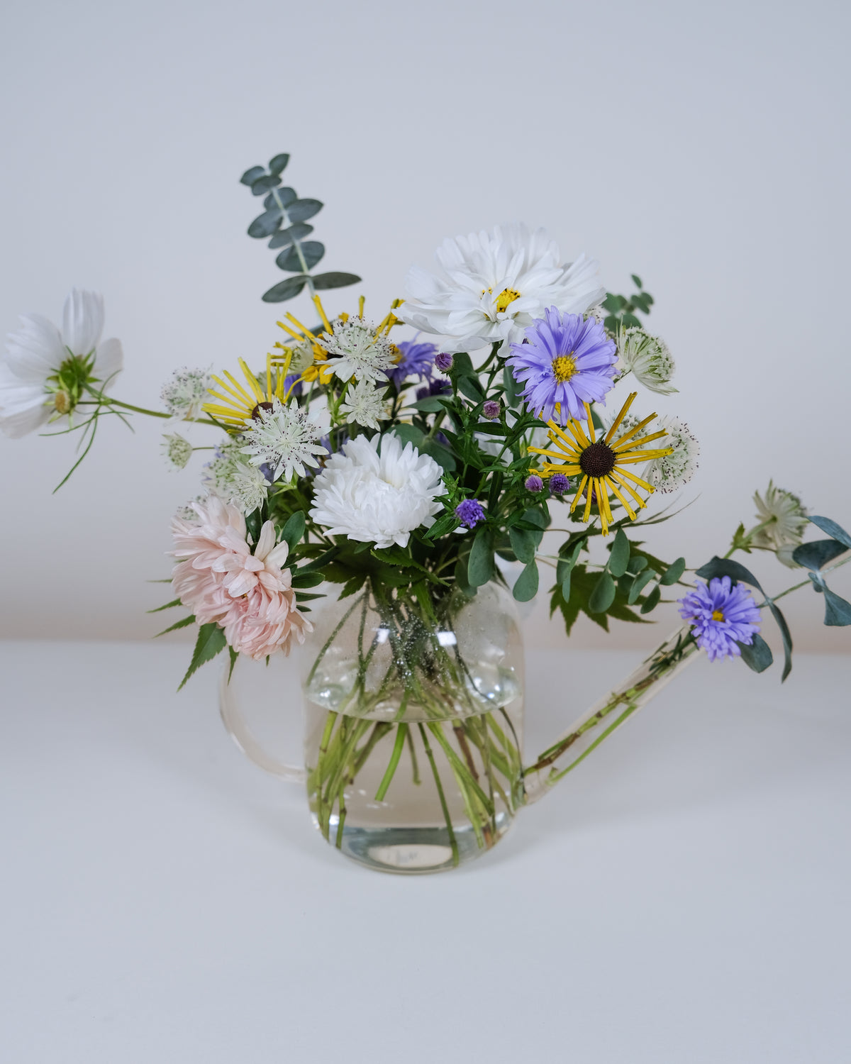 A mixed wildflower bouquet in a clear glass pitcher vase, featuring white daisies, purple flowers, yellow daisy-like blooms, pale pink blossoms, and green foliage on a white surface against a light gray background.