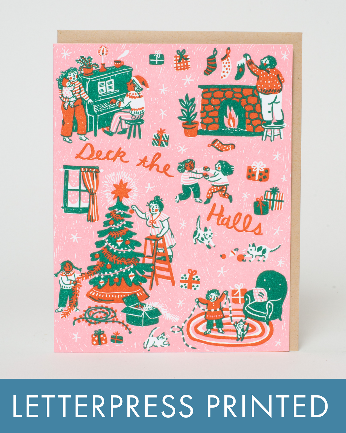 Letterpress printed Christmas card with illustrations of people decorating a house.