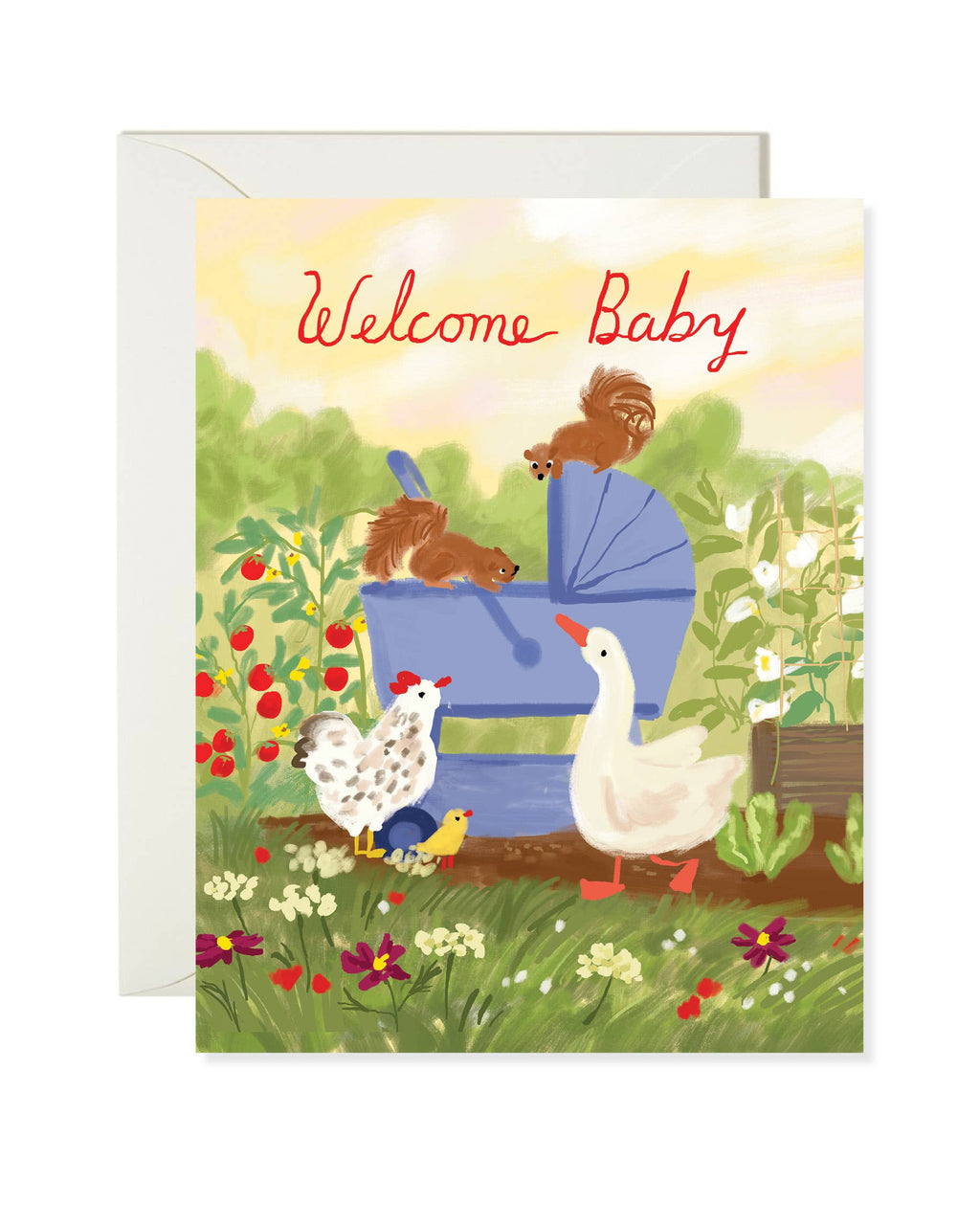 Greeting card with animals and 'Welcome Baby' text in a garden setting