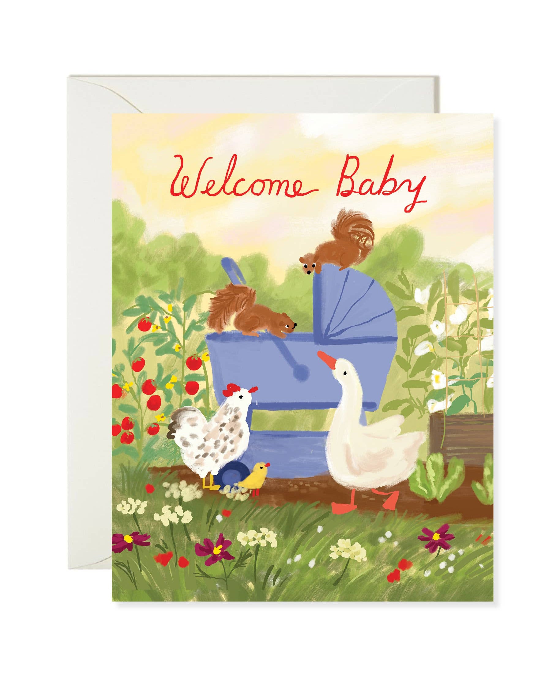 Greeting card with animals and 'Welcome Baby' text in a garden setting