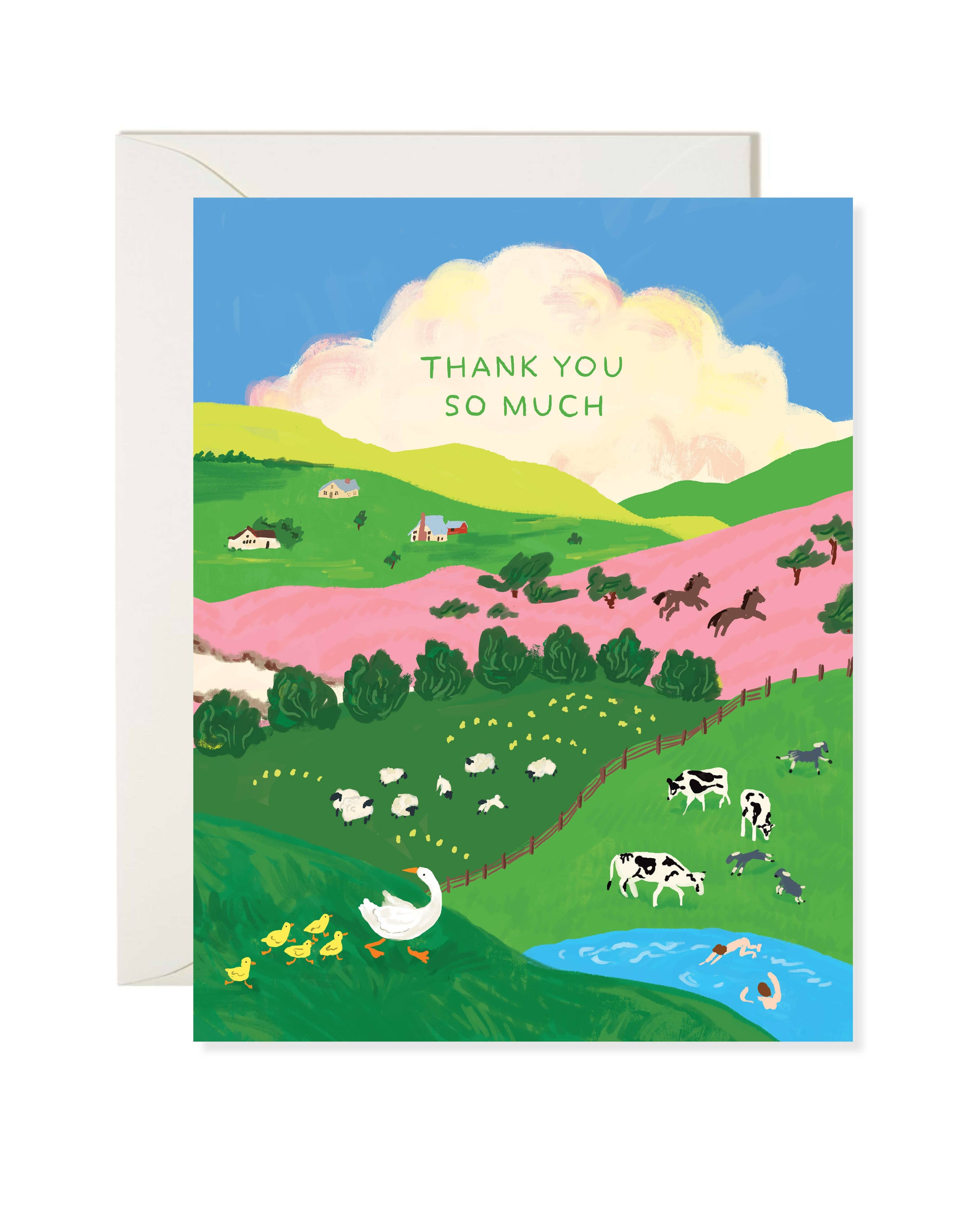 Greeting card with a colorful illustration of a landscape and animals, featuring the text 'Thank you so much'.