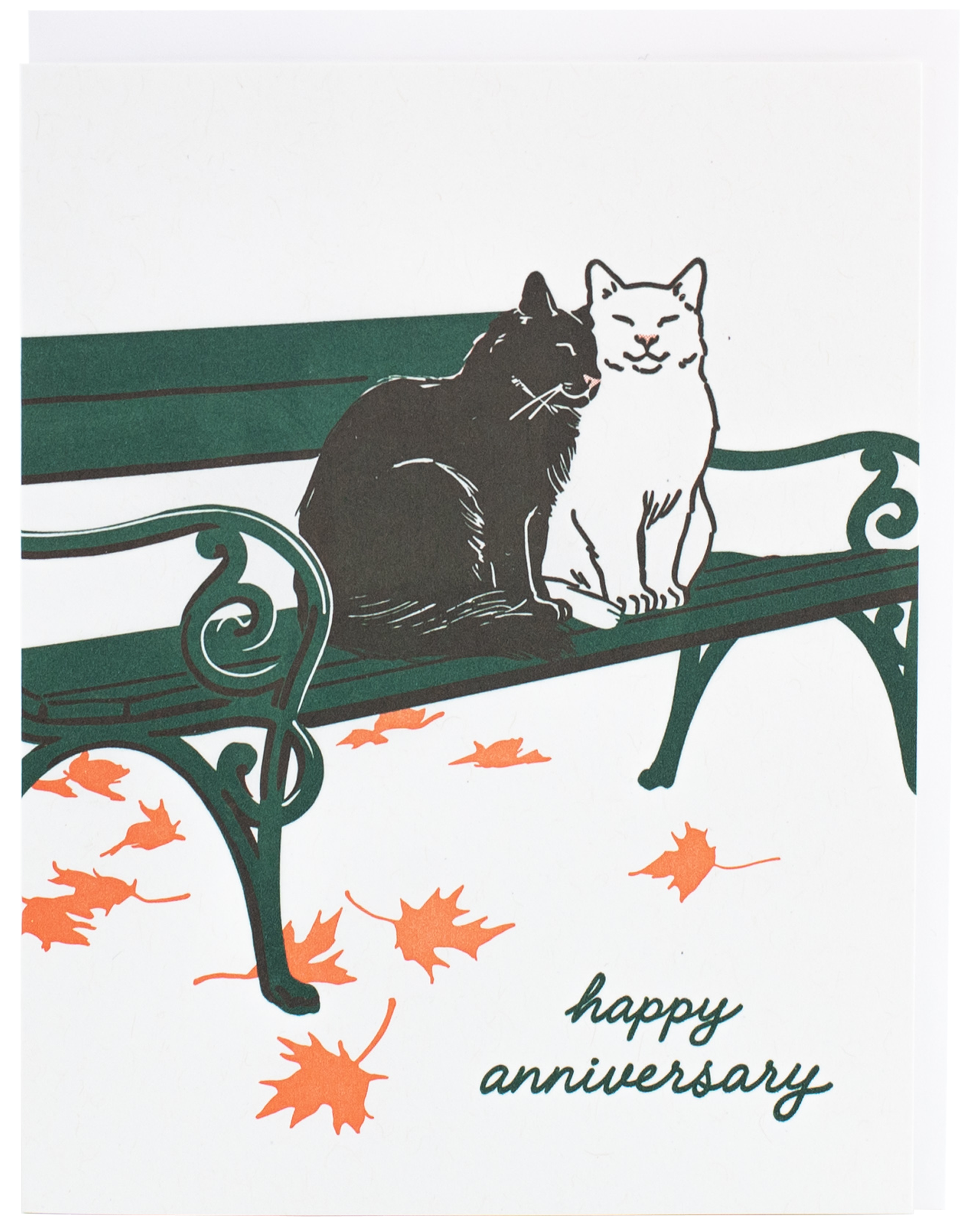 Card with two cats on a bench and falling leaves, labeled 'happy anniversary'.