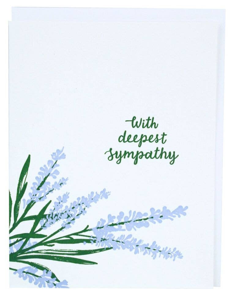 Greeting card with lavender design and 'With deepest sympathy' text on a light blue background