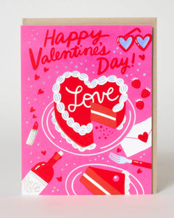 Valentine's Day card with heart designs, 'Happy Valentine's Day!' text, and various icons on a pink background.