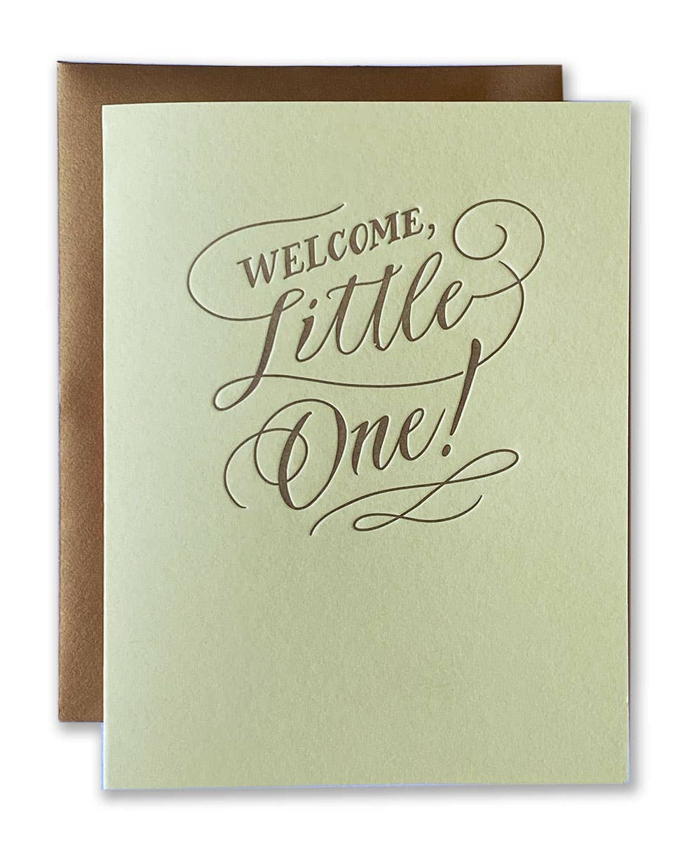 Light green greeting card with 'Welcome, Little One!' text and brown envelope on a white background